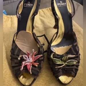 Fendi Black and Gold Heels with Floral Accents